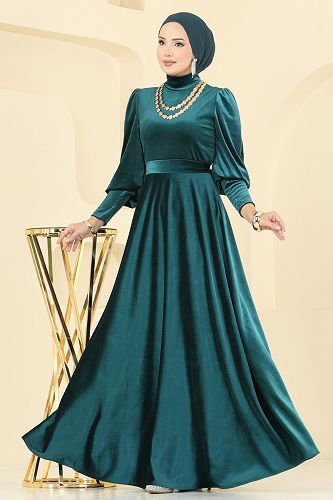 moda selvim فستان سهرة زيتي 2586MEY846 - Thumbnail