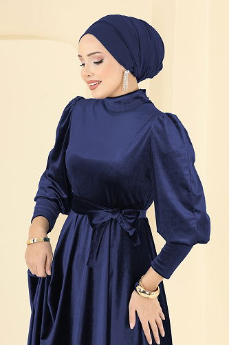 moda selvim فستان سهرة كحلي 2586MEY846 - Thumbnail