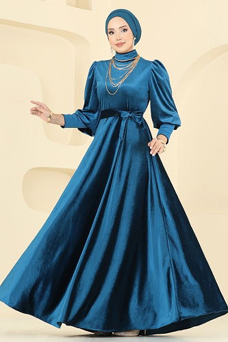 moda selvim فستان سهرة بترولي 2586MEY846 - Thumbnail