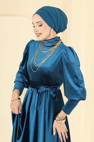 moda selvim فستان سهرة بترولي 2586MEY846 - Thumbnail