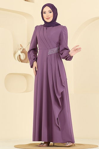 moda selvim Evening Dress 2597ASMK1074 Dark Lilac - Thumbnail