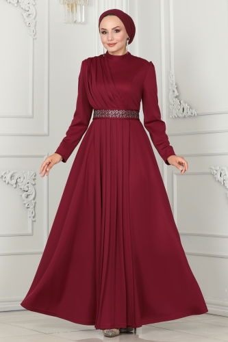 moda selvim Evening Dress 259DVL817 Burgundy - Thumbnail