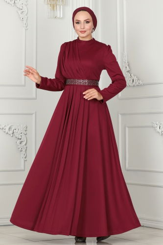 moda selvim Evening Dress 259DVL817 Burgundy - Thumbnail