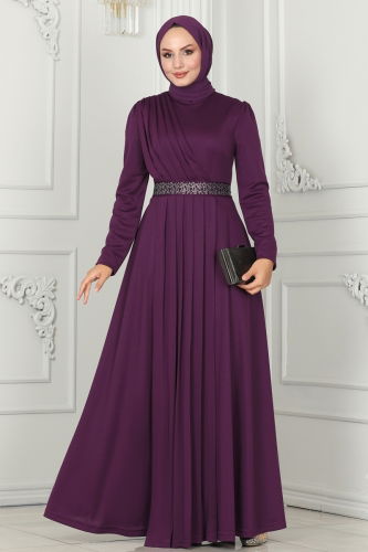 moda selvim Evening Dress 259DVL817 Damson - Thumbnail