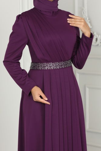 moda selvim Evening Dress 259DVL817 Damson - Thumbnail