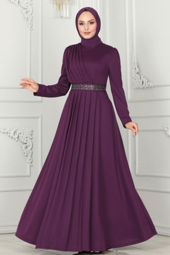 moda selvim Evening Dress 259DVL817 Damson - Thumbnail