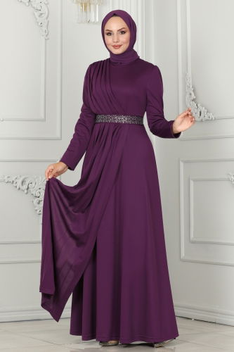 moda selvim Evening Dress 259DVL817 Damson - Thumbnail