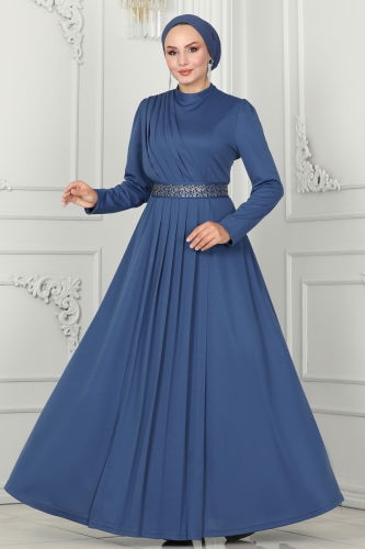 moda selvim Evening Dress 259DVL817 Indigo - Thumbnail