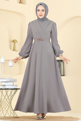 moda selvim فستان سهرة رمادي 2646ASMK1074 - Thumbnail