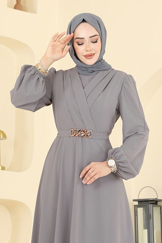 moda selvim فستان سهرة رمادي 2646ASMK1074 - Thumbnail