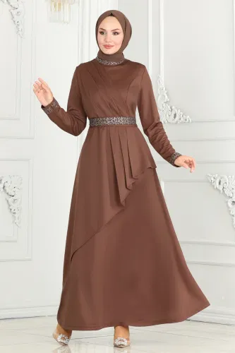 moda selvim Evening Dress 264DVL817 Brown - Thumbnail