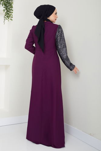 moda selvim Evening Dress 2710ASMK1074 Damson - Thumbnail