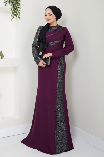 moda selvim Evening Dress 2710ASMK1074 Damson - Thumbnail