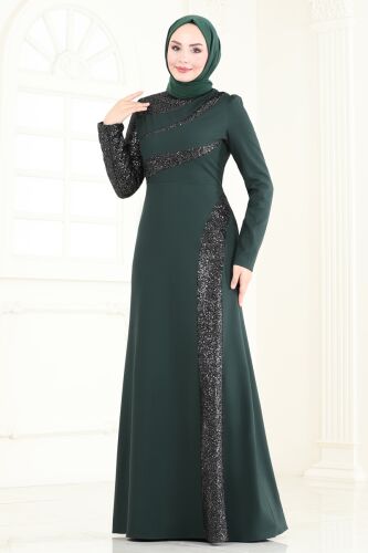moda selvim فستان سهرة زيتي 2710ASMK1074 - Thumbnail