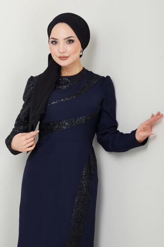 moda selvim Evening Dress 2710ASMK1074 Navy Blue - Thumbnail