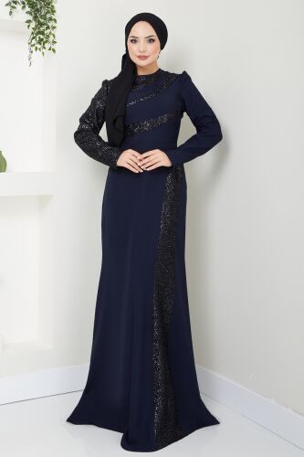 moda selvim Evening Dress 2710ASMK1074 Navy Blue - Thumbnail