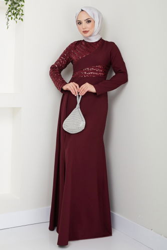 moda selvim Evening Dress 2711ASMK1074 Burgundy - Thumbnail