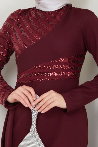 moda selvim Evening Dress 2711ASMK1074 Burgundy - Thumbnail