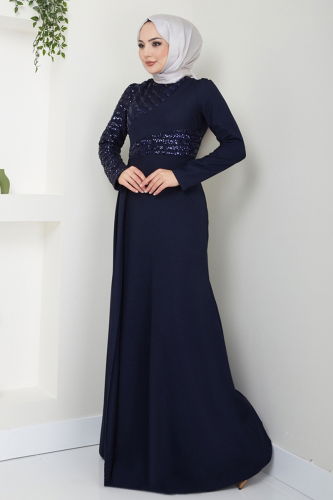 moda selvim Evening Dress 2711ASMK1074 Navy Blue - Thumbnail