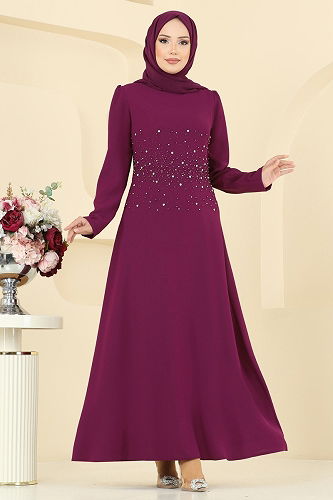 moda selvim Evening Dress 2727SL432 Damson - Thumbnail