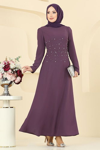 moda selvim فستان سهرة ليلكي غامق 2727SL432 - Thumbnail