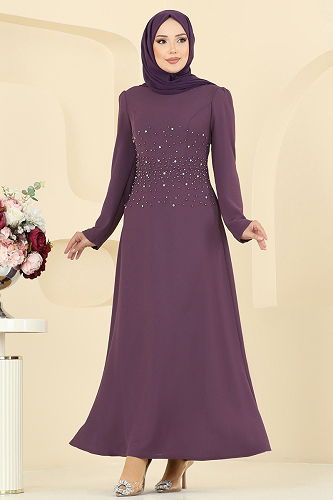 moda selvim فستان سهرة ليلكي غامق 2727SL432 - Thumbnail