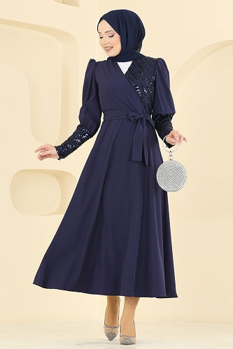 moda selvim Evening Dress 2739ASMK1074 Navy Blue - Thumbnail