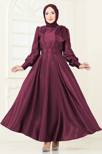 moda selvim Evening Dress 2745ASMK1074 Damson - Thumbnail