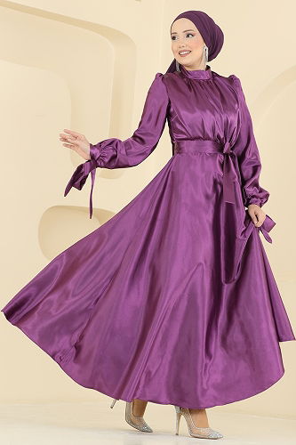 moda selvim Evening Dress 2746ASMK1074 Dark Lilac - Thumbnail