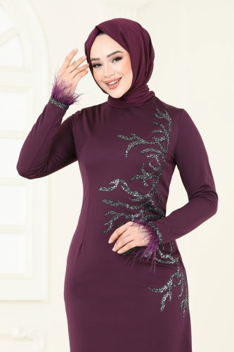 moda selvim Evening Dress 2747ASMK1074 Damson - Thumbnail