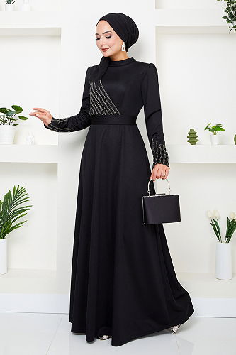 moda selvim EVENING DRESS 274DVL897-M Black - Thumbnail