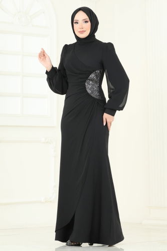 moda selvim فستان سهرة أسود 2770ASMK1074 - Thumbnail