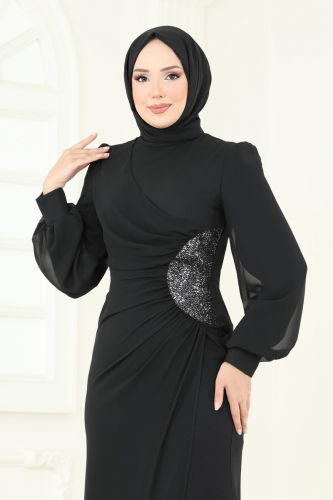 moda selvim فستان سهرة أسود 2770ASMK1074 - Thumbnail