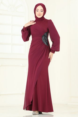 moda selvim فستان سهرة خمري 2770ASMK1074 - Thumbnail