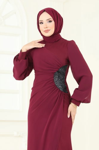 moda selvim فستان سهرة خمري 2770ASMK1074 - Thumbnail