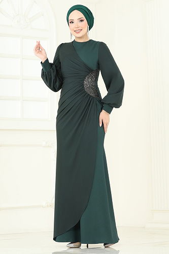 moda selvim فستان سهرة زيتي 2770ASMK1074 - Thumbnail