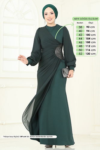 moda selvim فستان سهرة زيتي 2770ASMK1074 - Thumbnail