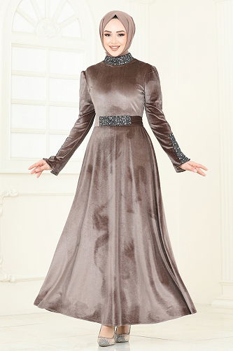 moda selvim فستان سهرة بيج غامق 2776ASMK1074 - Thumbnail