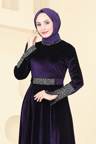 moda selvim فستان سهرة أرجواني 2776ASMK1074 - Thumbnail