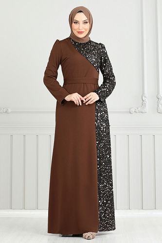 moda selvim Evening Dress 2777ASMK1074 Brown - Thumbnail