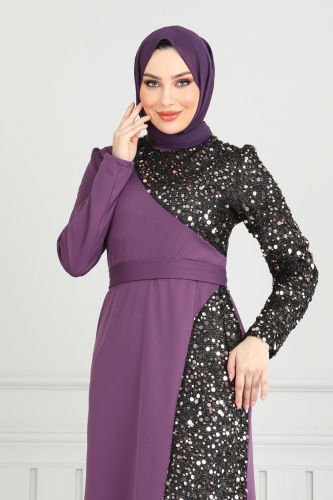 moda selvim Evening Dress 2777ASMK1074 Dark Lilac - Thumbnail
