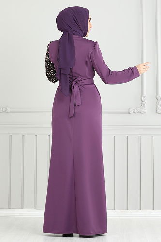 moda selvim فستان سهرة ليلكي غامق 2777ASMK1074 - Thumbnail