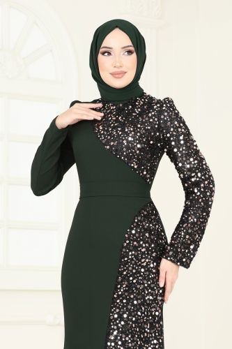 moda selvim فستان سهرة زيتي 2777ASMK1074 - Thumbnail