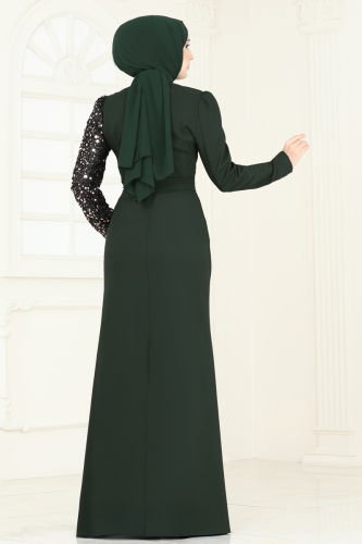 moda selvim فستان سهرة زيتي 2777ASMK1074 - Thumbnail