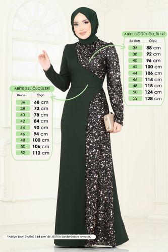 moda selvim فستان سهرة زيتي 2777ASMK1074 - Thumbnail