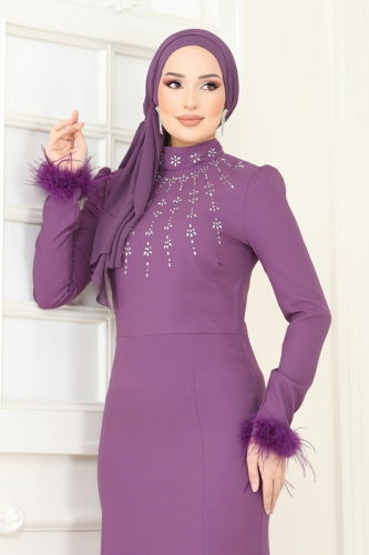 moda selvim Evening Dress 2779ASMK1074 Dark Lilac - Thumbnail