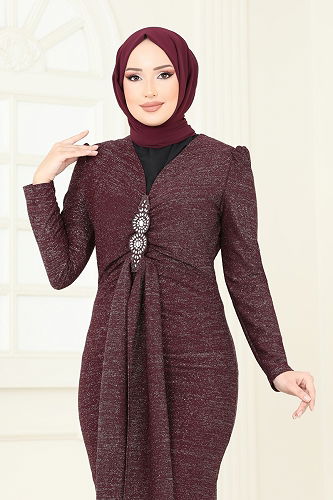 moda selvim Evening Dress 2782ASMK1074 Burgundy - Thumbnail