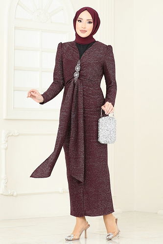 moda selvim فستان سهرة خمري 2782ASMK1074 - Thumbnail