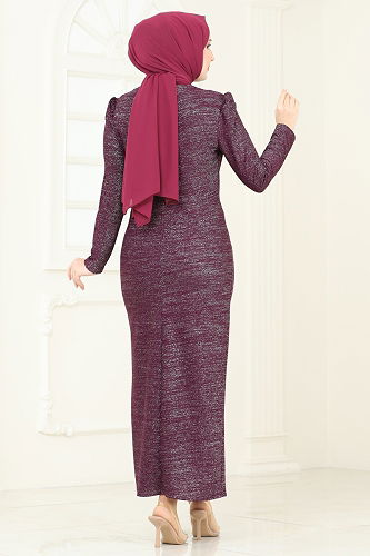 moda selvim Evening Dress 2782ASMK1074 Damson - Thumbnail