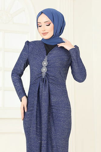 moda selvim Evening Dress 2782ASMK1074 Indigo - Thumbnail